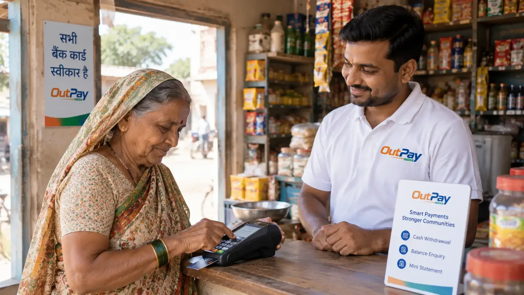 Elderly woman entering her card PIN on a Micro-ATM device at an OutPay India merchant counter