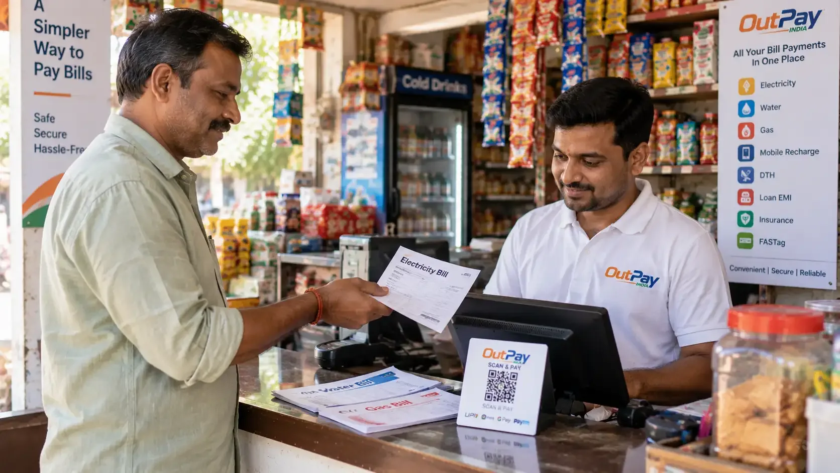 Customer handing an electricity bill to an OutPay India merchant to pay via BBPS