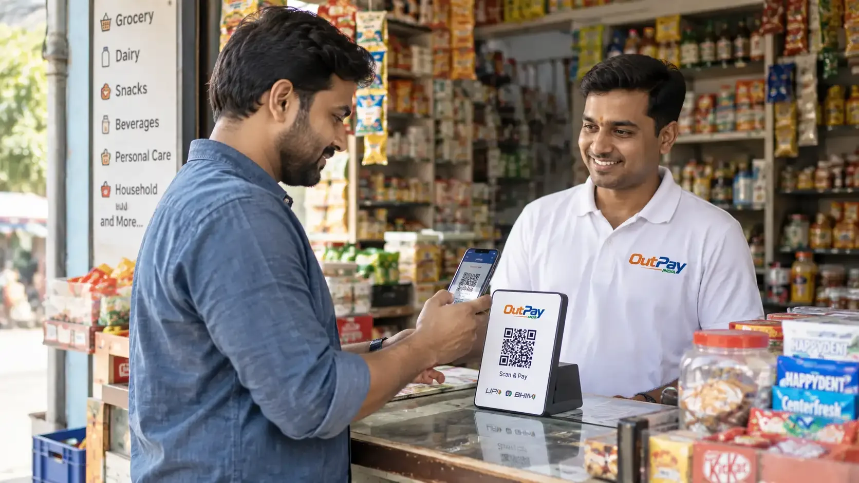 Customer scanning a UPI QR code on his phone to pay at an OutPay India kirana store counter, shopkeeper smiling